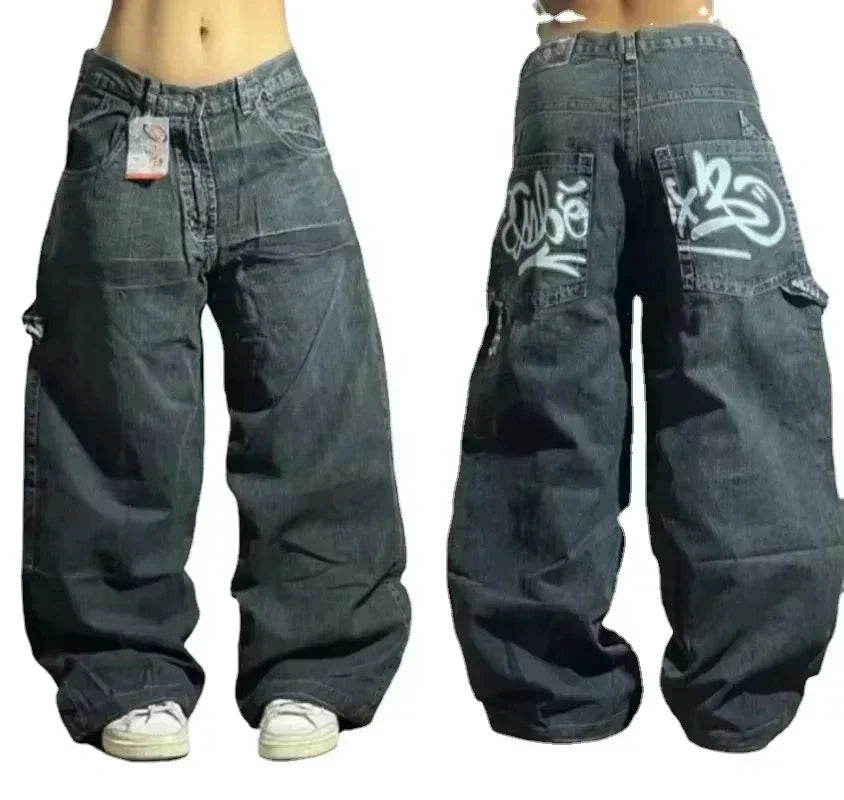 American Street Trend Letter Embroidered Loose Jeans Men Harajuku Y2K New Hip Hop Oversized Wide-leg Pants Unisex Mopping Jeans DRACO COUTURE