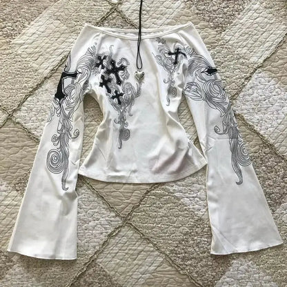 Long Sleeve Print T-Shirts Women Slash Neck - DRACO COUTURE