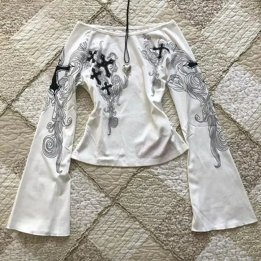 Long Sleeve Print T-Shirts Women Slash Neck - DRACO COUTURE