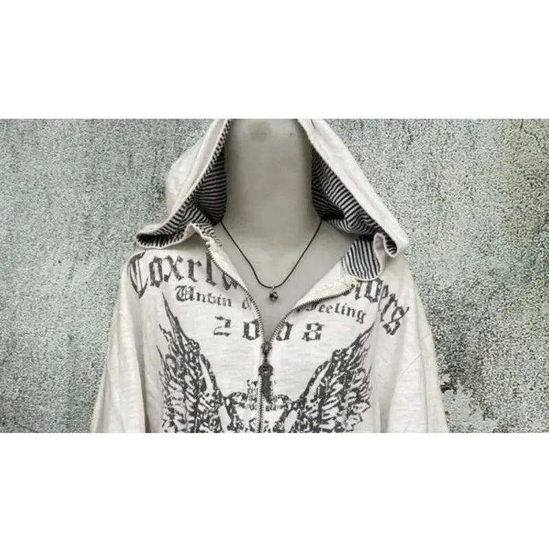 Vintage Sweatshirts 2025 Women's Clothes White Print Tunic Hooded Y2k Coat Streetwear Fashion Casual Hoodies Tops Ropa Mujer