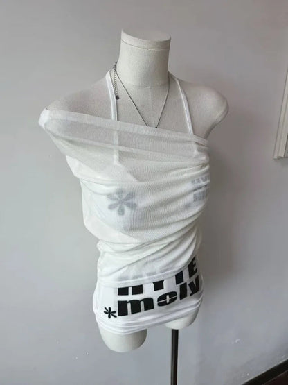 Y2k Streetwear Two Pieces Set Women Irregular Hollow Out Letter Mini Dress + Aesthetic Sexy Halter Bandage Vest Harajuku Outfits DRACO COUTURE