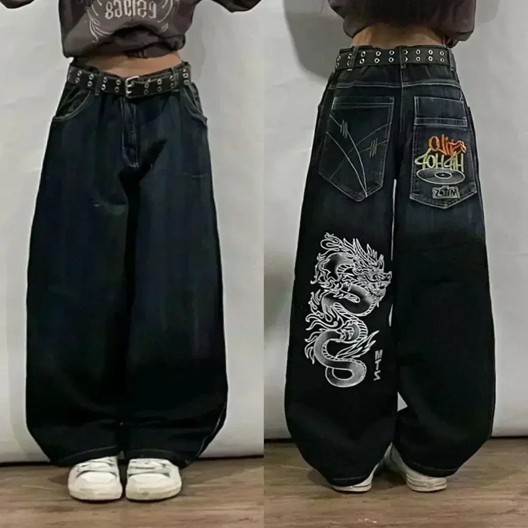 American Street Trend Letter Embroidered Loose Jeans Men Harajuku Y2K New Hip Hop Oversized Wide-leg Pants Unisex Mopping Jeans DRACO COUTURE