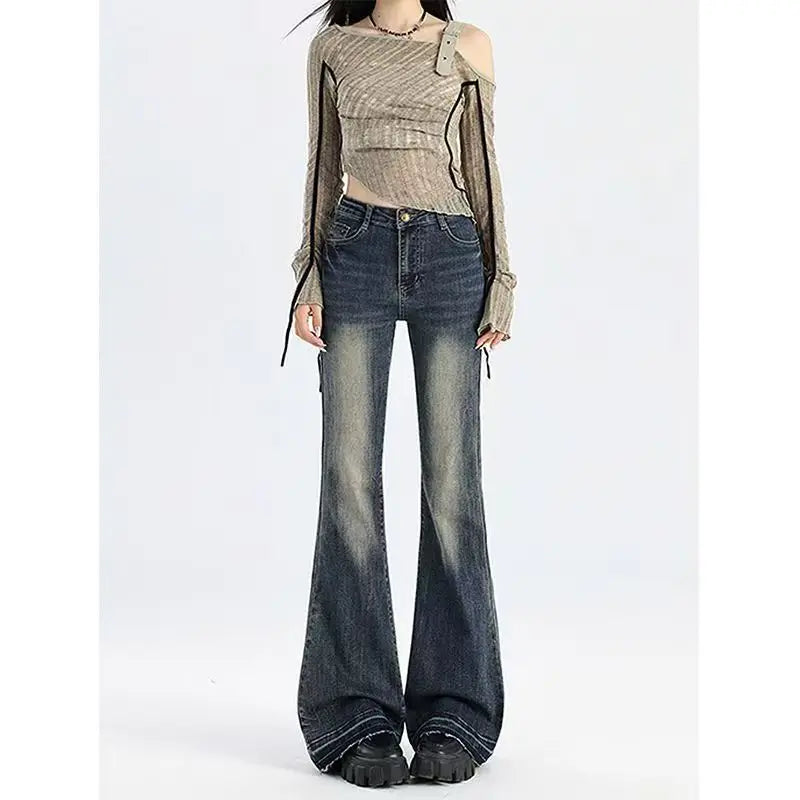 American High Street Spicy Girls Low Waist Jeans Damen Herbst Vintage Y2k Design Sense Slim Fit Straight Tube Micro Flare Pants
