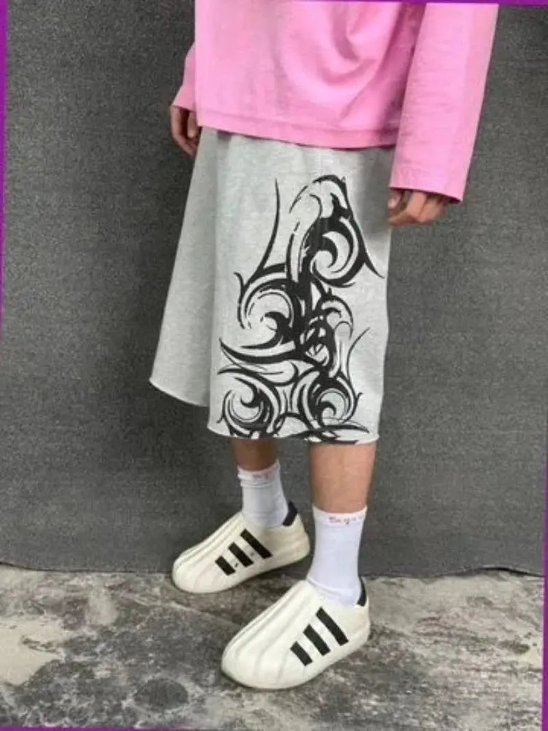 90s Harajuku Print Casual Men Women Geometric Graffiti Shorts Y2K High Waist Baggy Hip Hop Pure Cotton Sports Wide Leg Shorts - DRACO COUTURE