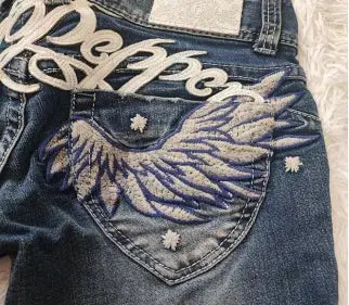 Fashion Gothic Design American Pocket Letters Wings Embroidered Jeans Women's Y2k Style Retro Wash Loose High Waist Leggings - DRACO COUTURE