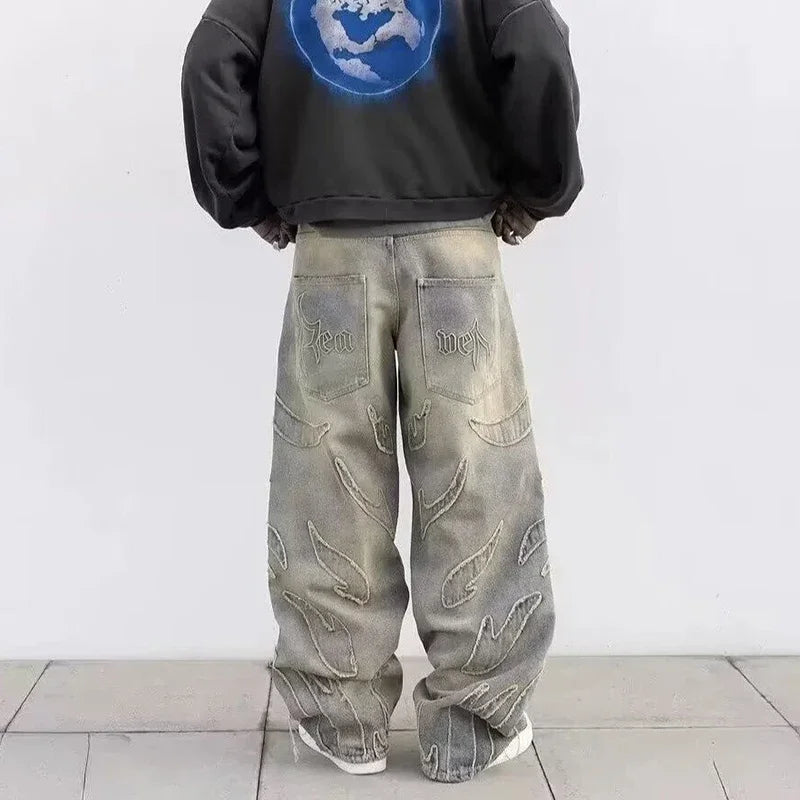 Herren Baggy-Jeans im Streetwear-Stil, Retro-Mode, weite Jeans, bedruckte Designer-Jeans im Hip-Hop-Stil