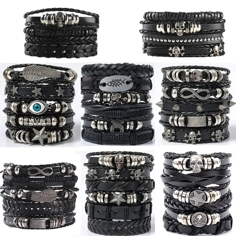 4/5/6pcs Evil Eye Wing Star Skull Diy Braided Punk Style Bracelet Set, Featuring Pu Leather And Beads Bracelet - DRACO COUTURE