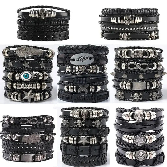 4/5/6pcs Evil Eye Wing Star Skull Diy Braided Punk Style Bracelet Set, Featuring Pu Leather And Beads Bracelet - DRACO COUTURE