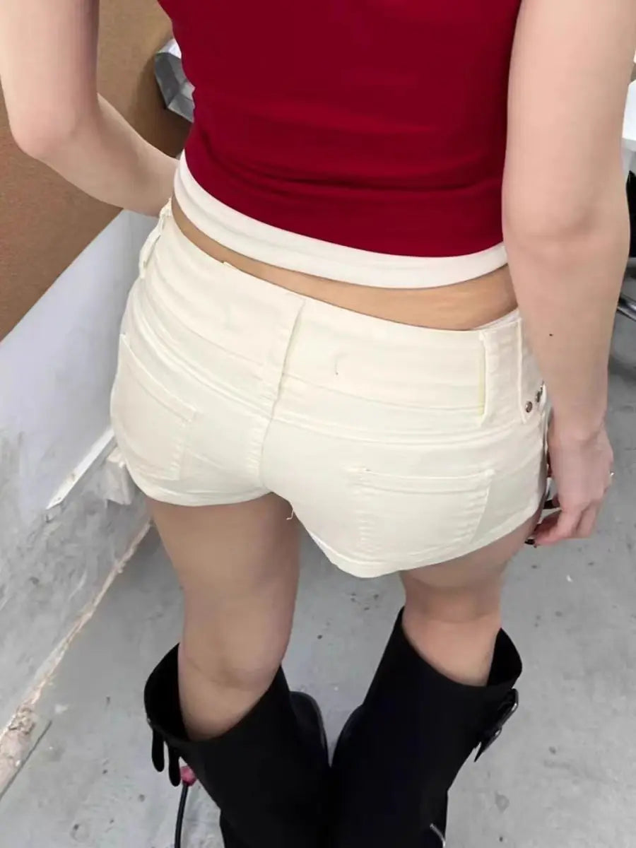 Sexy Riveted Denim Shorts Women's Summer Strap Chain Hot Pants Y2k White Shorts DRACO COUTURE