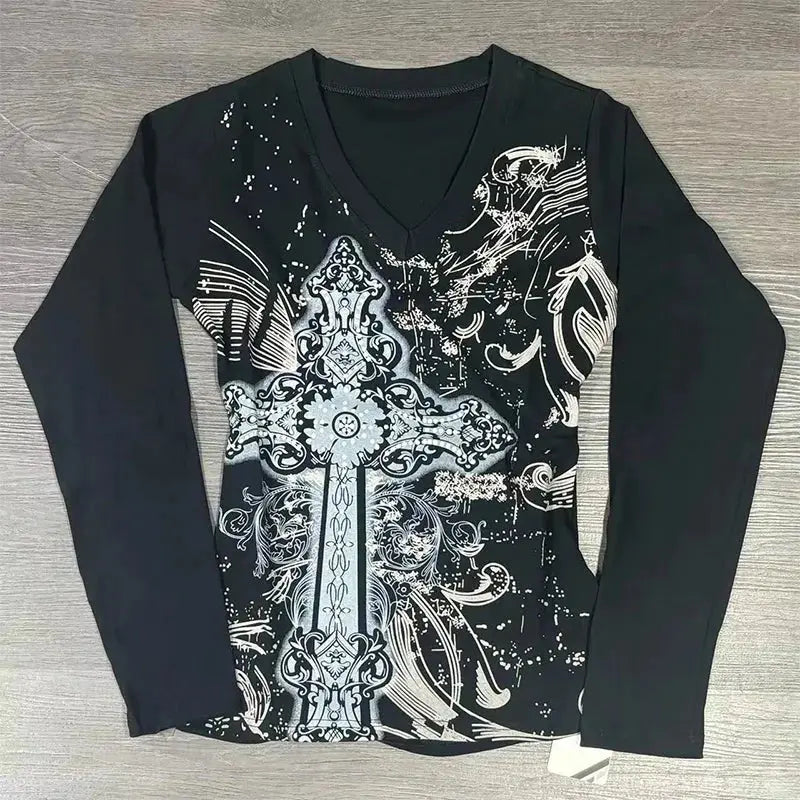 Long Sleeve Print T-Shirts Women Slash Neck - DRACO COUTURE