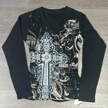 Long Sleeve Print T-Shirts Women Slash Neck - DRACO COUTURE