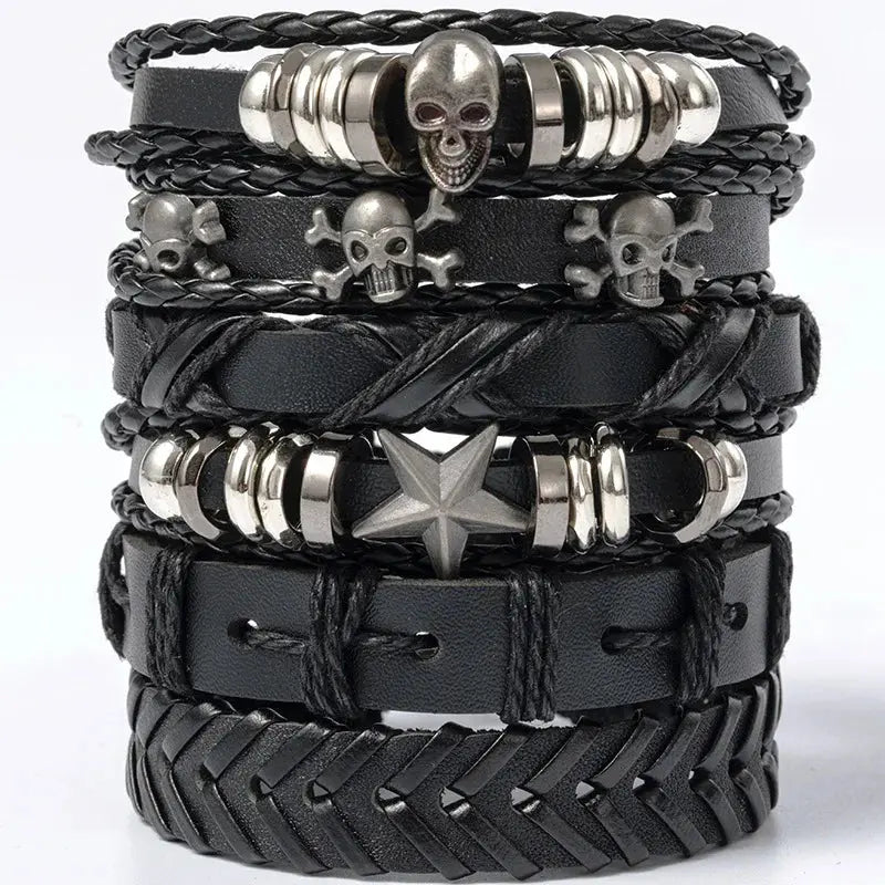 4/5/6pcs Evil Eye Wing Star Skull Diy Braided Punk Style Bracelet Set, Featuring Pu Leather And Beads Bracelet - DRACO COUTURE