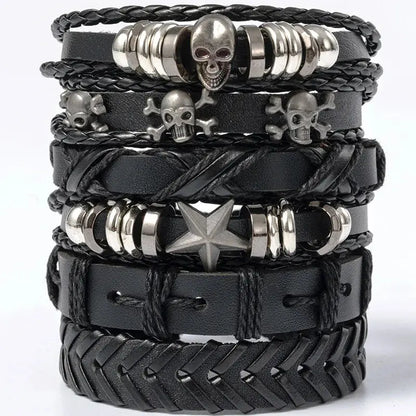 4/5/6pcs Evil Eye Wing Star Skull Diy Braided Punk Style Bracelet Set, Featuring Pu Leather And Beads Bracelet - DRACO COUTURE