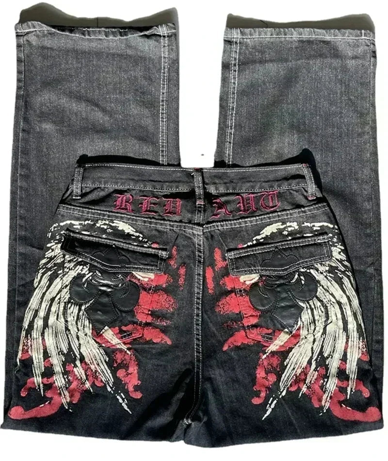 American Street Trend Letter Embroidered Loose Jeans Men Harajuku Y2K New Hip Hop Oversized Wide-leg Pants Unisex Mopping Jeans DRACO COUTURE