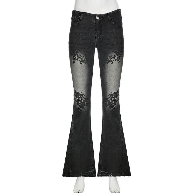 SUCHCUTE Vintage Plant Printed Flared Jeans Y2K - DRACO COUTURE