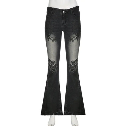 SUCHCUTE Vintage Plant Printed Flared Jeans Y2K - DRACO COUTURE
