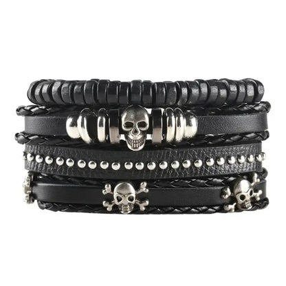 4/5/6pcs Evil Eye Wing Star Skull Diy Braided Punk Style Bracelet Set, Featuring Pu Leather And Beads Bracelet - DRACO COUTURE