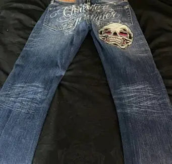 Gothic punk American retro punk skull pocket embroidered jeans men's wash blue old loose straight wide-leg fashionable jeans - DRACO COUTURE