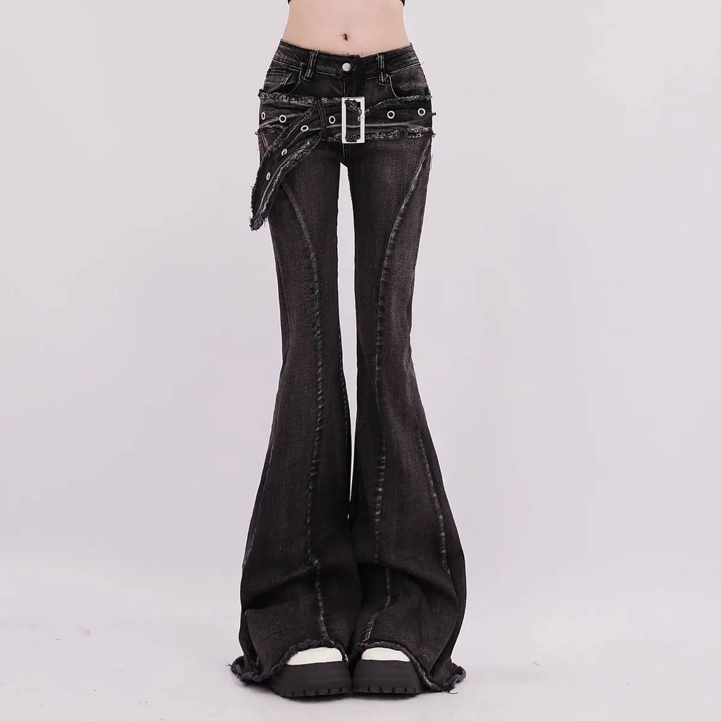 Vintage Slim Micro-flare Jeans Women Ins Fashionable Splicing Belt Edge Y2K Pants High Waist Straight American Street Trousers