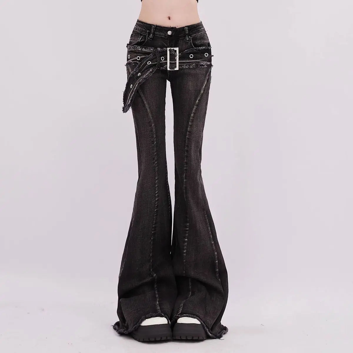 Vintage Slim Micro-flare Jeans Women Ins Fashionable Splicing Belt Edge Y2K Pants High Waist Straight American Street Trousers