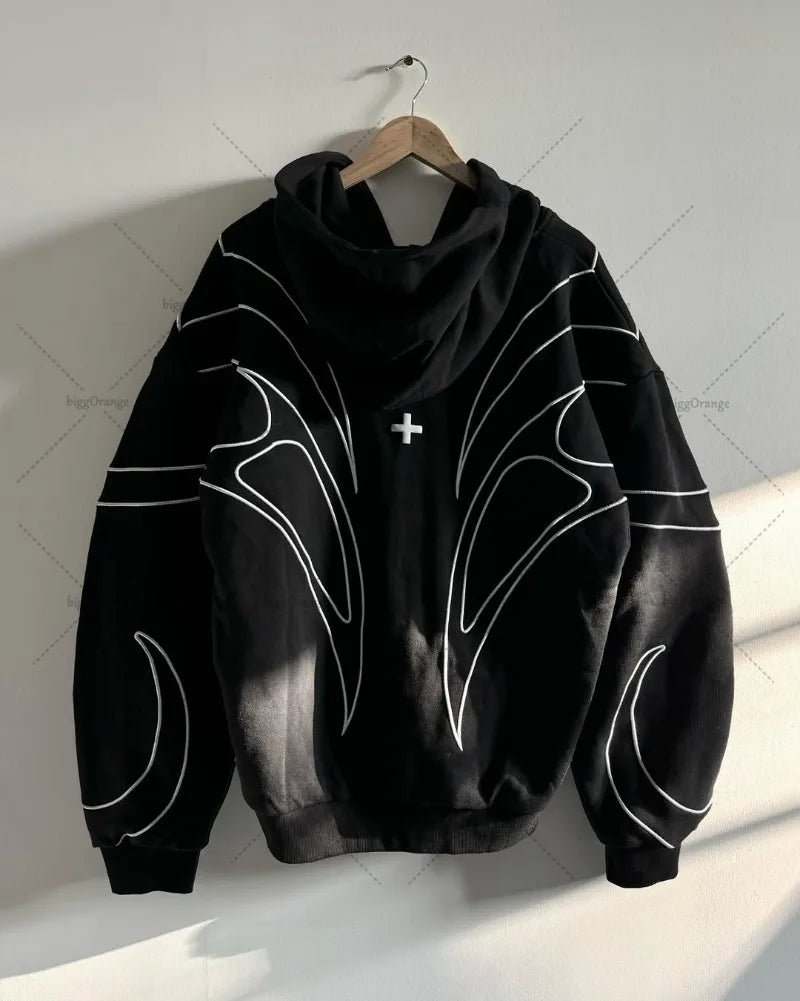 Streetwear-Retro-Mode: Gestreifter, bestickter schwarzer Hoodie mit doppeltem Reißverschluss im amerikanischen Hip-Hop-Punk-Oversize-Stil für Herren