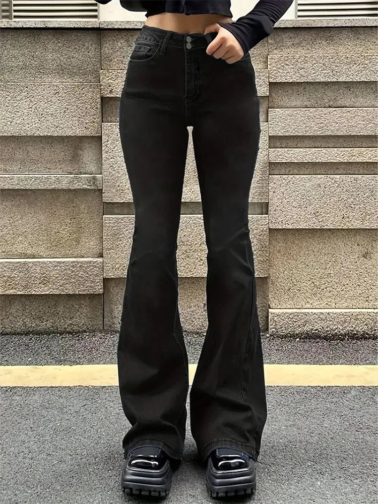 Damen Schlagjeans, Stretch, Mustache-Jeans, modische Skinny-Jeans mit hohem Bund, graue Denim-Hose, klassische Y2K-Punk-Langhose