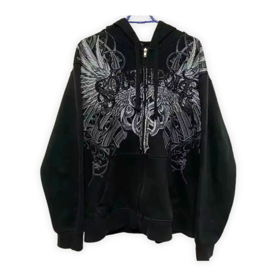 Y2K Zip Hoodie – Czarna z nadrukiem