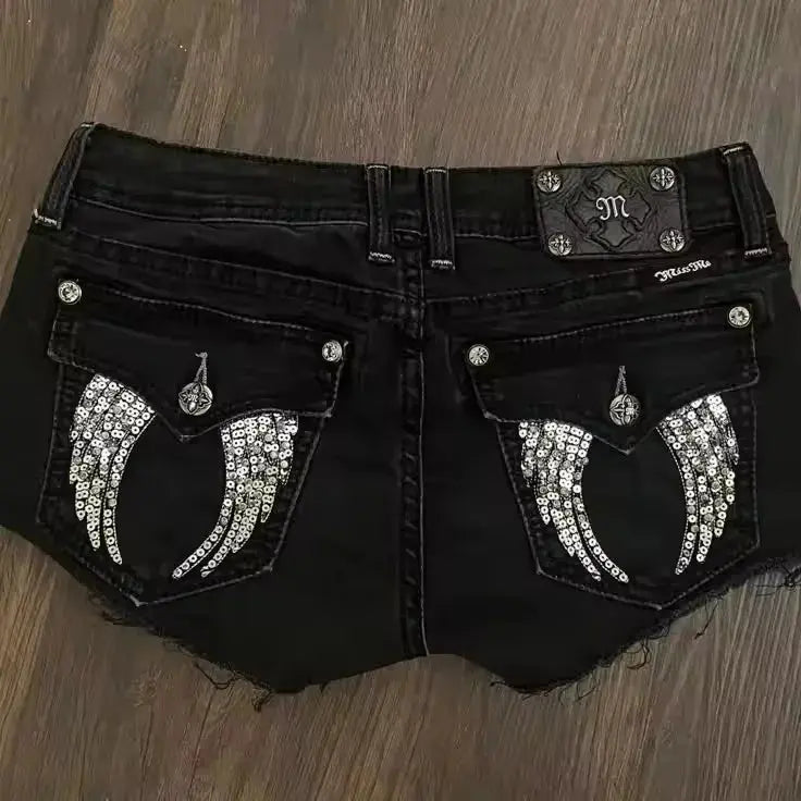 Retro Angel Wing Denim Shorts Y2K Women Gothic Hip Hop Pocket Embroidery Retro Black Baggy Shorts High Waist Slim Fit Mini Skirt - DRACO COUTURE