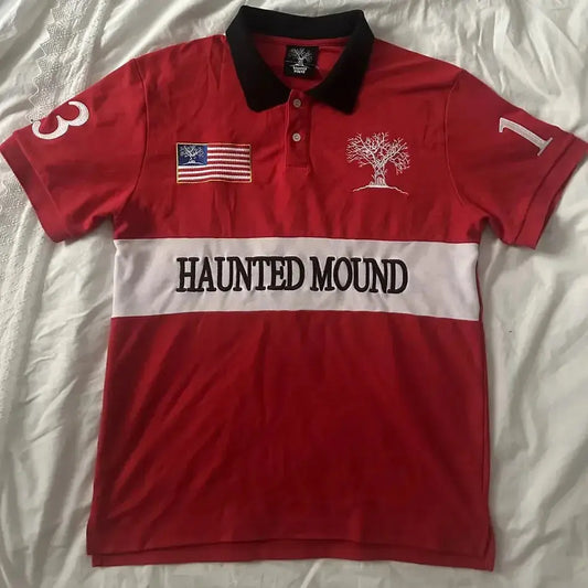 Haunted Mound Embroidered Red Polo Shirt Y2K Tshirt HipHop Retro Pumpkin Head Letter Embroidered Oversized Short Sleeve Top - DRACO COUTURE