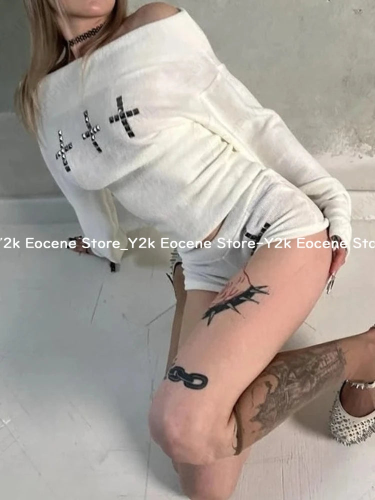 Goth Aesthetic Long Sleeve Two Piece Set Women Off Shoulder Top + Sexy Slim Shorts Y2K Cross Harajuku E-Girls Streetwear Outfit DRACO COUTURE