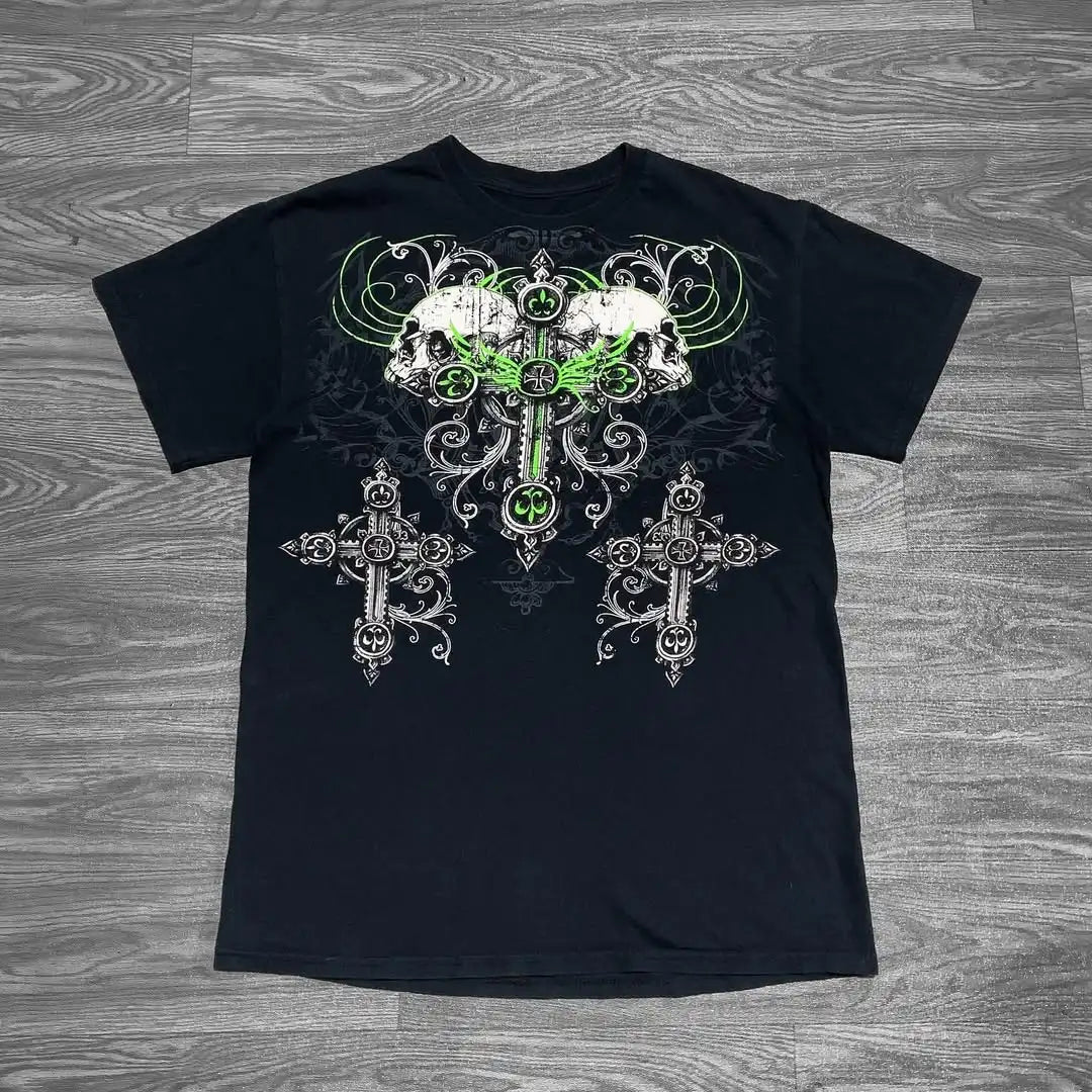 Y2K-Affliction Langarm-T-Shirt, weiß, Rundhalsausschnitt, Oversized-Schnitt, neu, Herren/Damen, Freizeit, Gothic, Baumwolle, Streetwear