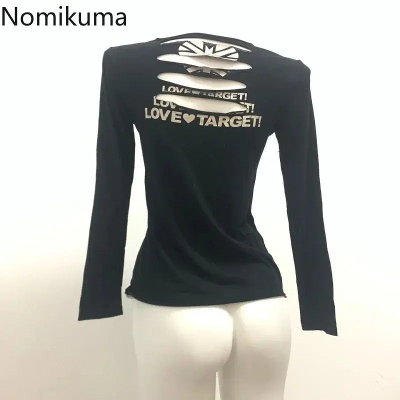 Harajuku Y2k Tops Fashion T Shirts for Women 2025 Ropa Mujer Streetwear Tunic Tees Long Sleeve Print Hollow Out Punk Tshirts - DRACO COUTURE