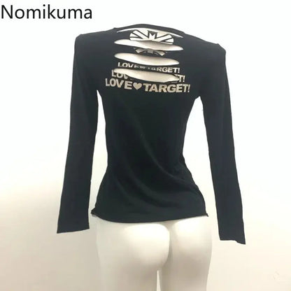 Harajuku Y2k Tops Fashion T Shirts for Women 2025 Ropa Mujer Streetwear Tunic Tees Long Sleeve Print Hollow Out Punk Tshirts - DRACO COUTURE