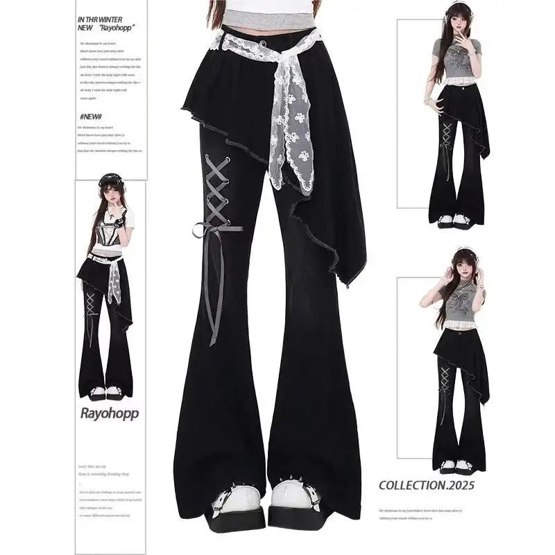 Vintage Slim Micro-Flare Jeans für Damen, modische Jeans mit Ziergürtel, Y2K-Stil, hoher Bund, gerade geschnitten, amerikanische Streetwear-Hose