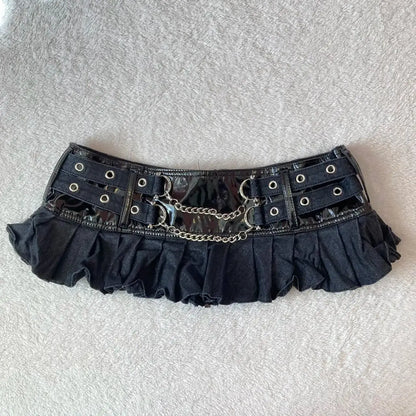 Y2K New Hot Girl Black Silver Skirt Women Harajuku Sexy Punk Low Waist Mini Skirt Gothic Black Leather Stitching Pleated Skirt - DRACO COUTURE