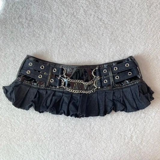 Y2K New Hot Girl Black Silver Skirt Women Harajuku Sexy Punk Low Waist Mini Skirt Gothic Black Leather Stitching Pleated Skirt - DRACO COUTURE