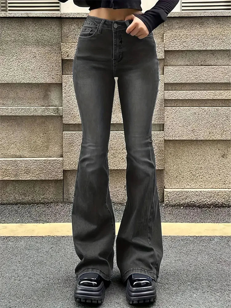 Damen Schlagjeans, Stretch, Mustache-Jeans, modische Skinny-Jeans mit hohem Bund, graue Denim-Hose, klassische Y2K-Punk-Langhose