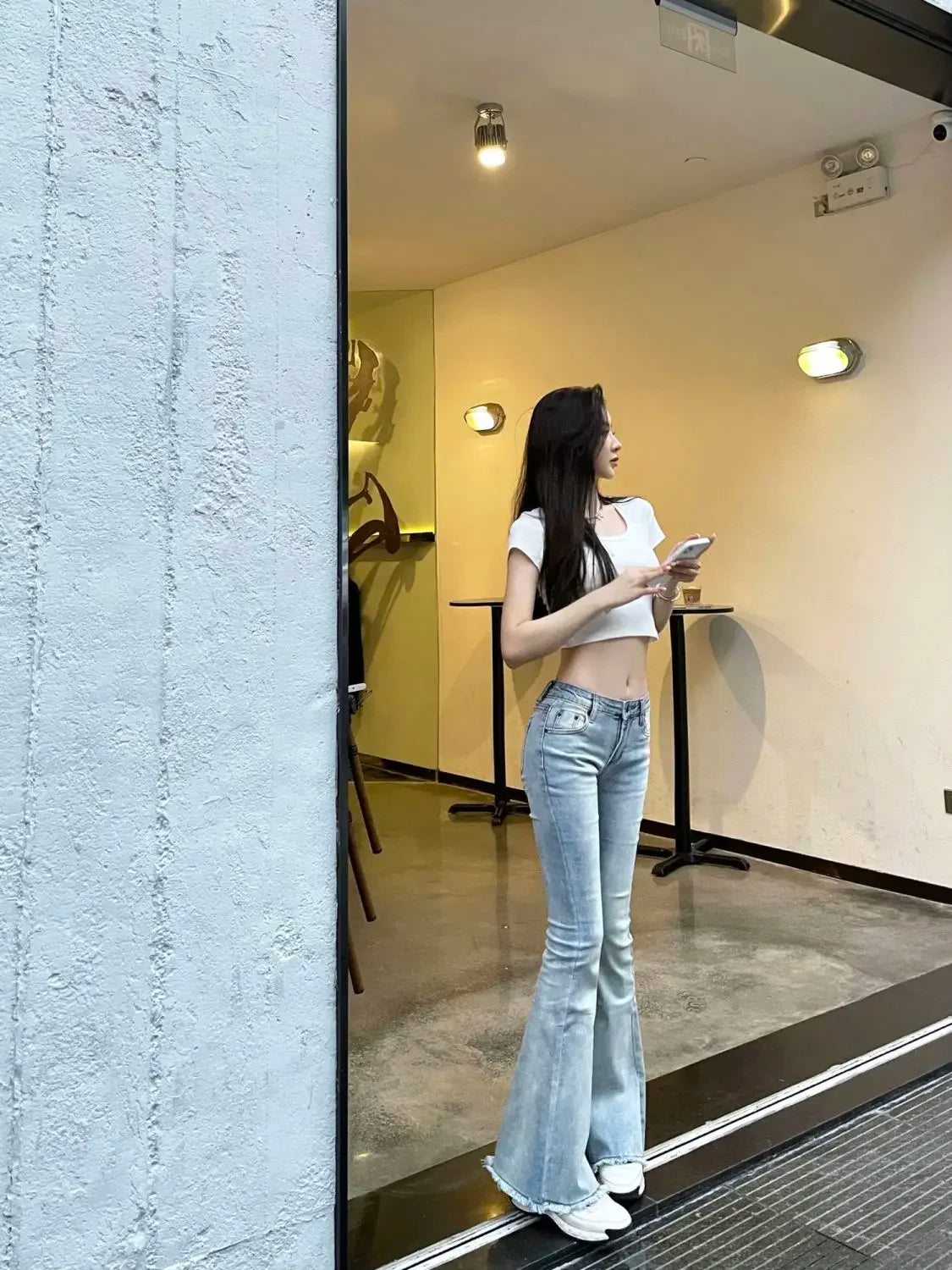 Schlaghose mit niedrigem Bund, blau, Skinny-Jeans für Damen, ausgestellt, Slim Fit, Baggy, stylische Sommerhose A