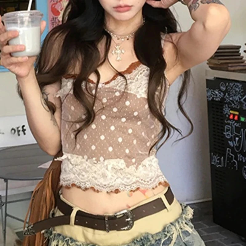 2000s Japanese Fashion Camisole Tank Women Summer Dot Print Lace Casual Outfits Sexy Strap Tops Patchwork Y2k Design T-shirts DRACO COUTURE