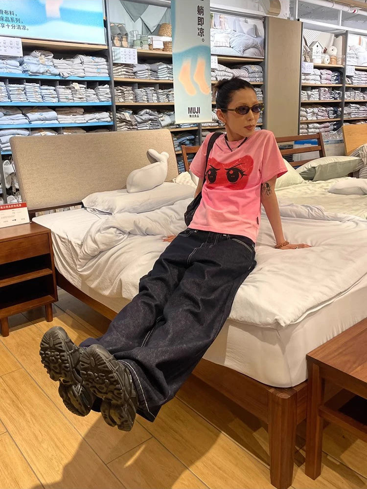 Y2K bestickte Wide-Leg-Jeans – Schwarz, hoher Bund