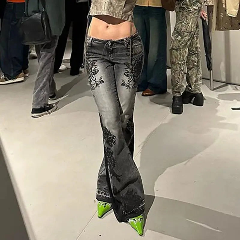 SUCHCUTE Vintage Plant Printed Flared Jeans Y2K - DRACO COUTURE