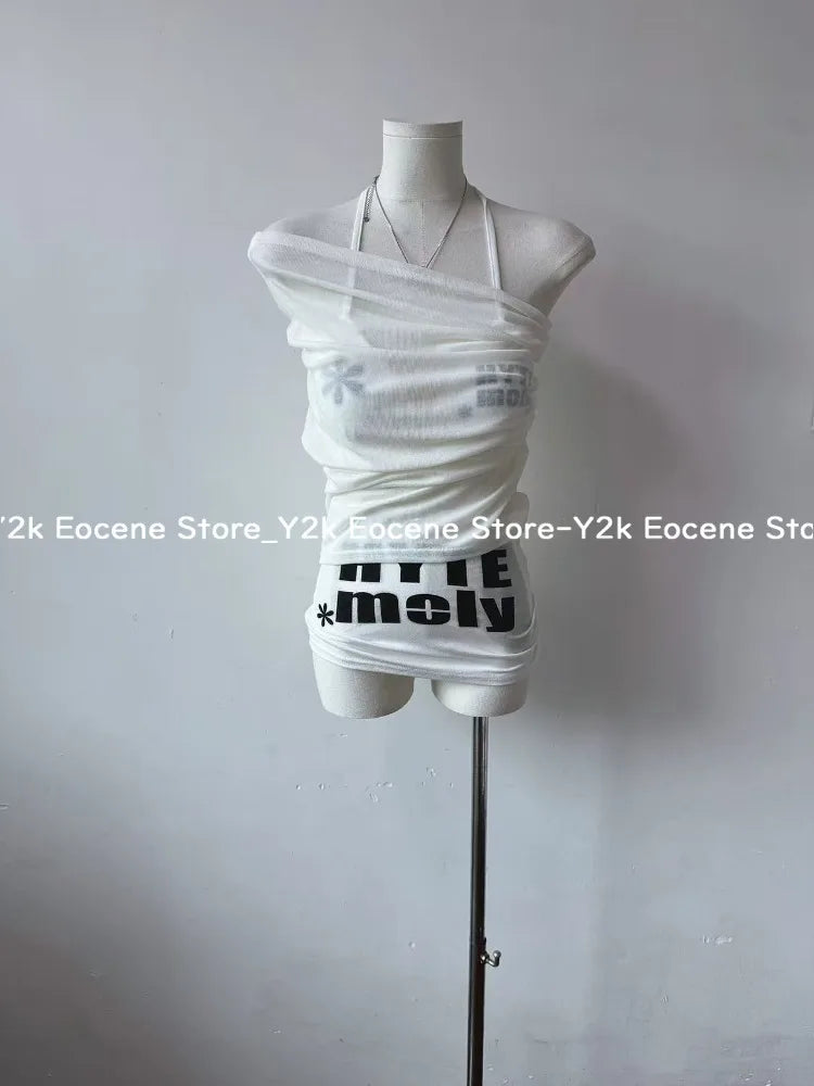 Y2k Streetwear Two Pieces Set Women Irregular Hollow Out Letter Mini Dress + Aesthetic Sexy Halter Bandage Vest Harajuku Outfits DRACO COUTURE