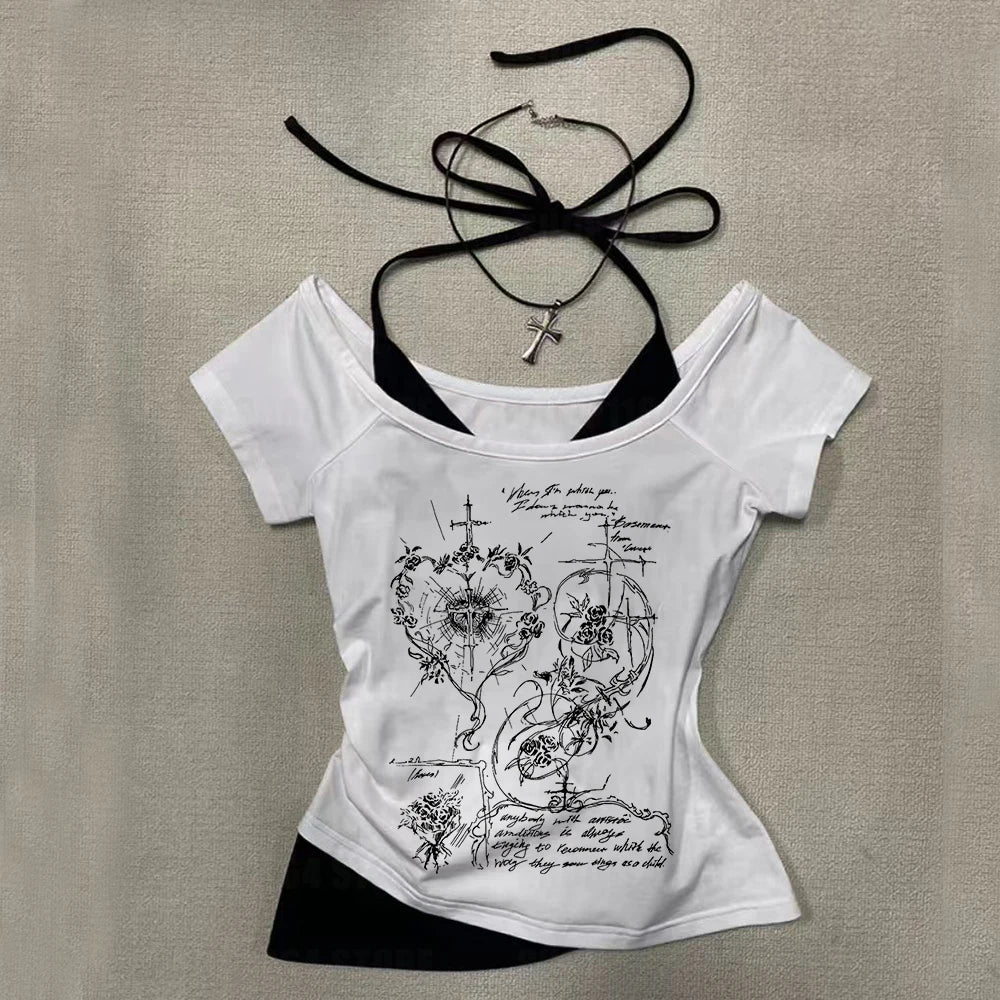 2K Fairy Grunge Grafik-T-Shirts für Damen, E-Girls, Goth Rippstrick-Langarm-Tops, Vintage Emo Kleidung, 2000er Retro Streetwear