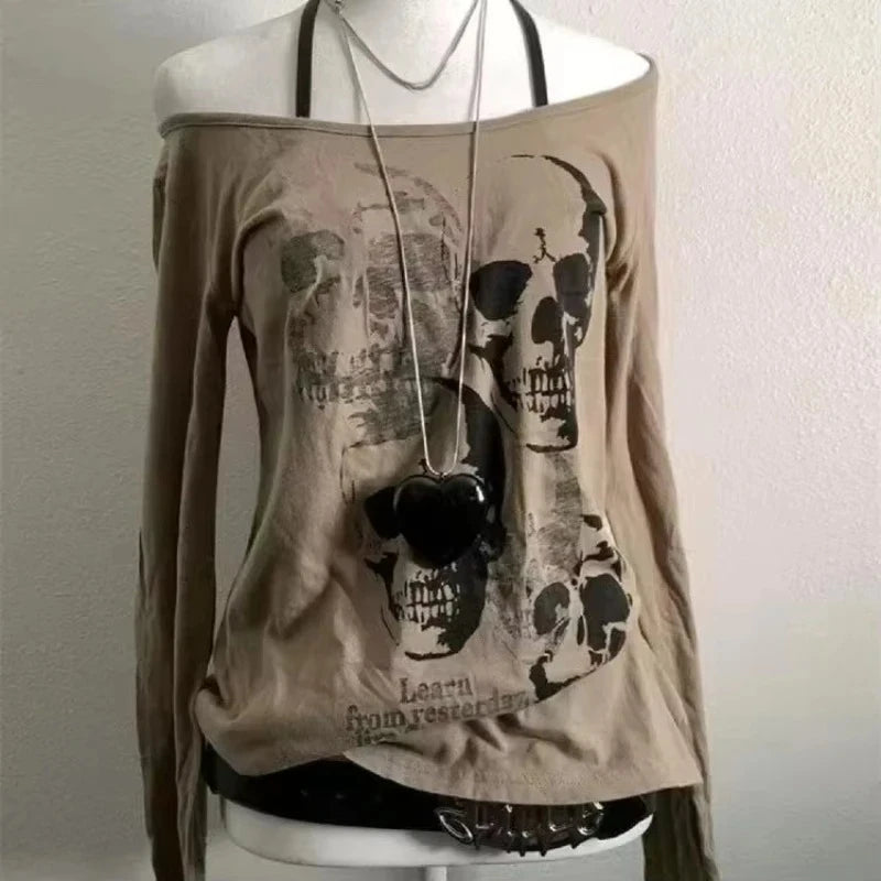 Y2k Clothes T-shirts Letter Gothic Women Y2k Crop Top Sexy Slim Tshirt Punk Skull Graphic Tees Sweet Harajuku Korea Girl Punk