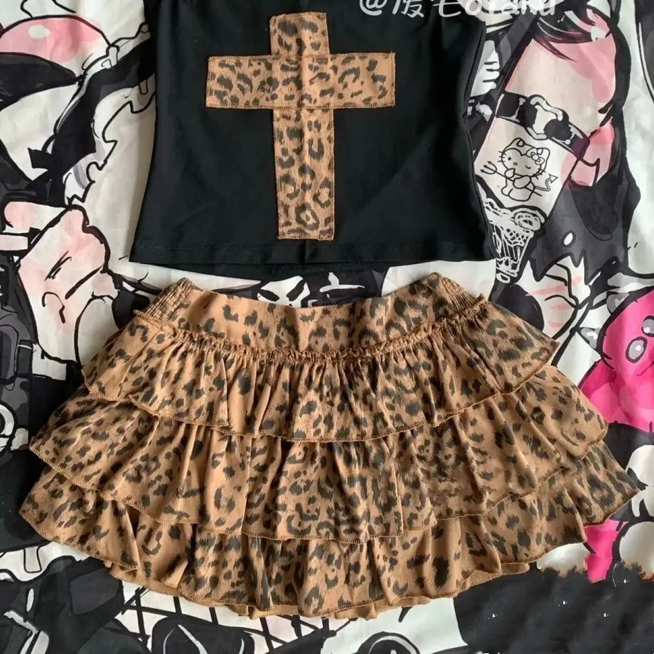 2000s Aesthetic Sexy Leopard Two Piece Set E-gilr Y2k Hoodie Tank Tops + Brown Print Cake Skirt Suit Retro Sleeveless Outfit New DRACO COUTURE