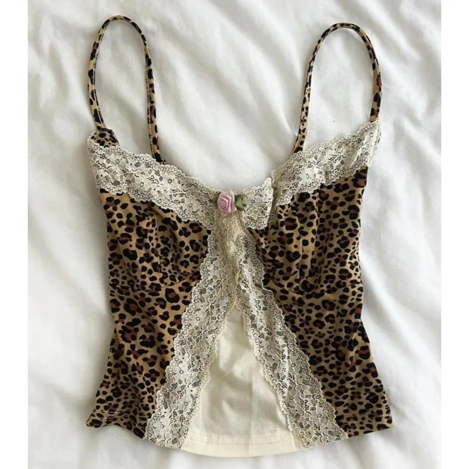 90s Y2k Leopard Print Lace Trim Cami Top Women Sexy V-neck Floral Lace Bralette Sleeveless Chic Summer Casual Sexy Fashion Tops DRACO COUTURE