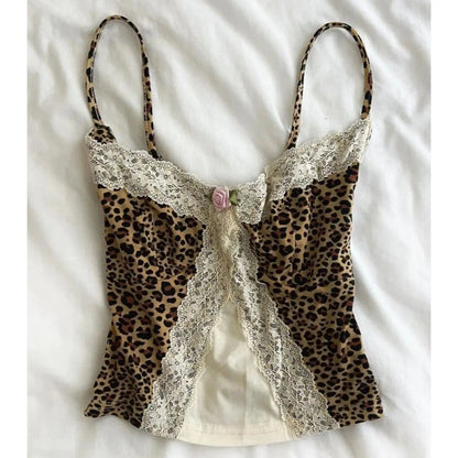 90s Y2k Leopard Print Lace Trim Cami Top Women Sexy V-neck Floral Lace Bralette Sleeveless Chic Summer Casual Sexy Fashion Tops DRACO COUTURE