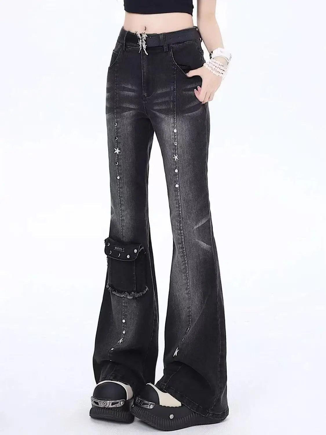 Vintage Slim Micro-Flare Jeans für Damen, modische Jeans mit Ziergürtel, Y2K-Stil, hoher Bund, gerade geschnitten, amerikanische Streetwear-Hose