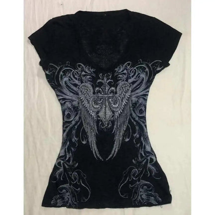 Gothic Butterfly Crop Top – Y2K V-Neck Streetwear