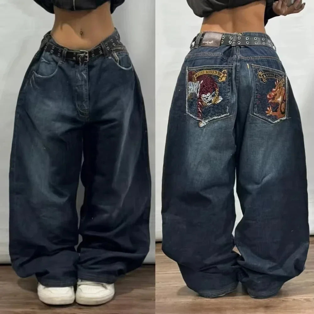 American Street Trend Letter Embroidered Loose Jeans Men Harajuku Y2K New Hip Hop Oversized Wide-leg Pants Unisex Mopping Jeans DRACO COUTURE